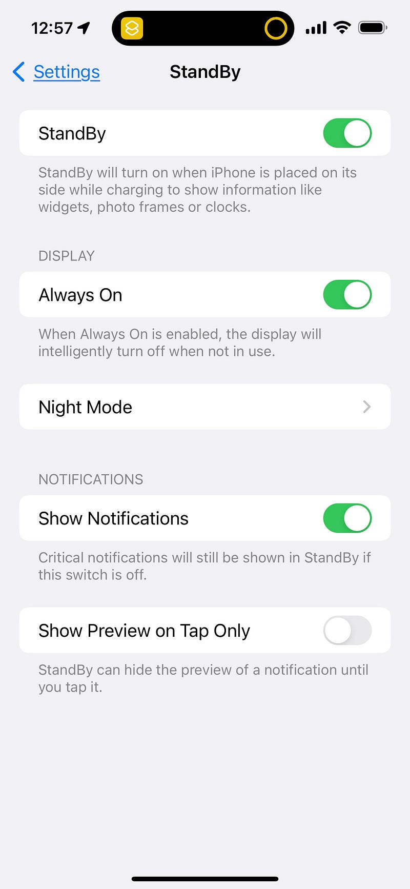 Standby settings configuration screen