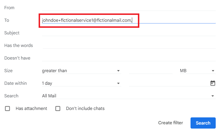 Example of an email filter setup in Gmail