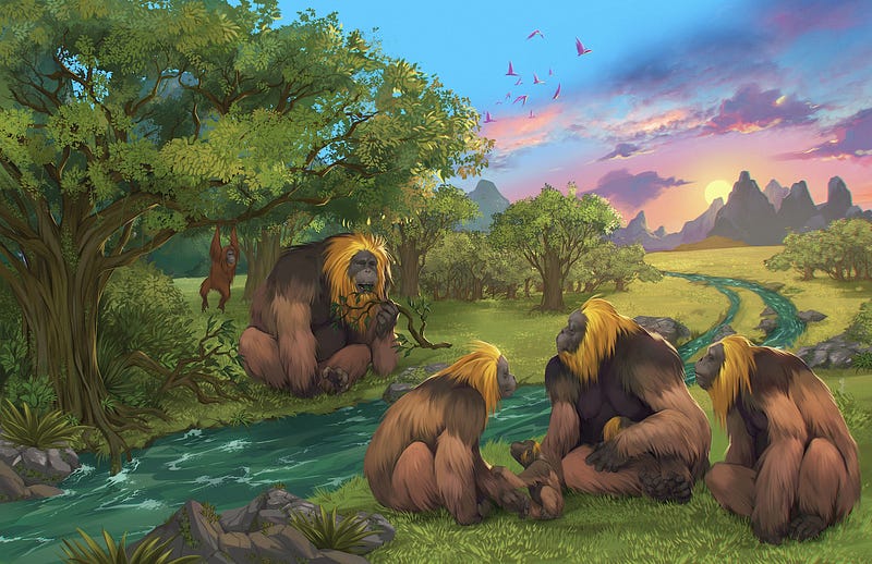 Artistic depiction of Gigantopithecus blacki in a lush forest.