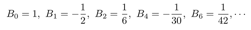 Initial Bernoulli numbers calculated from the previous equation