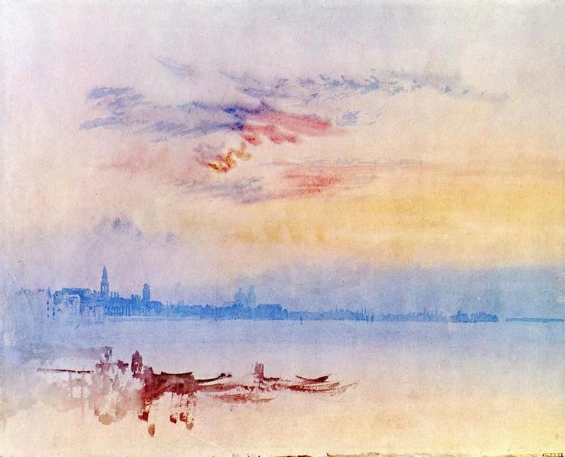 JMW Turner’s Venice: Looking East showcasing a serene sunrise.