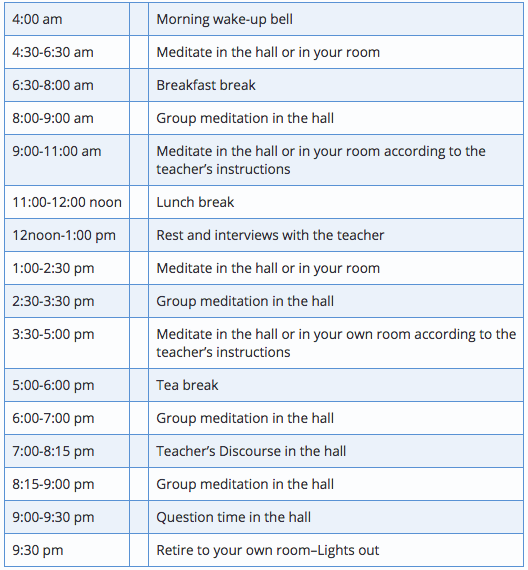 Daily schedule of Vipassana meditation retreat