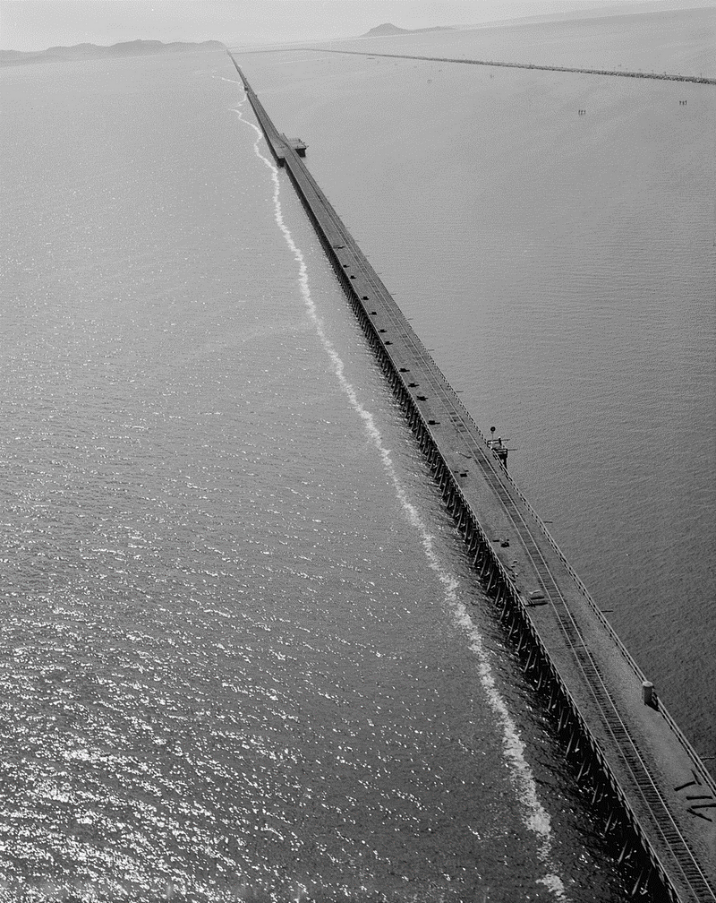 Aerial view of the Lucin Cutoff over the Great Salt Lake