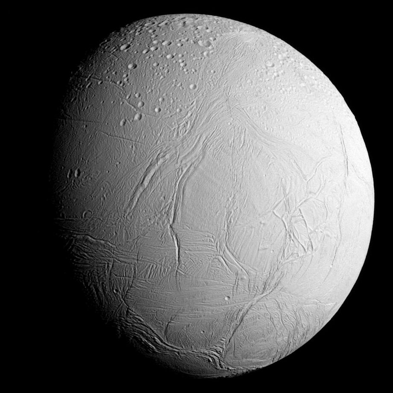 Surface of Enceladus with water geysers