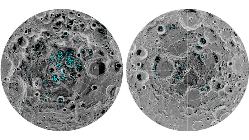 Map showing water ice deposits on the Moon