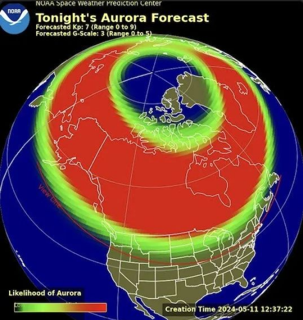 Map showing the estimated viewing range of the Northern Lights