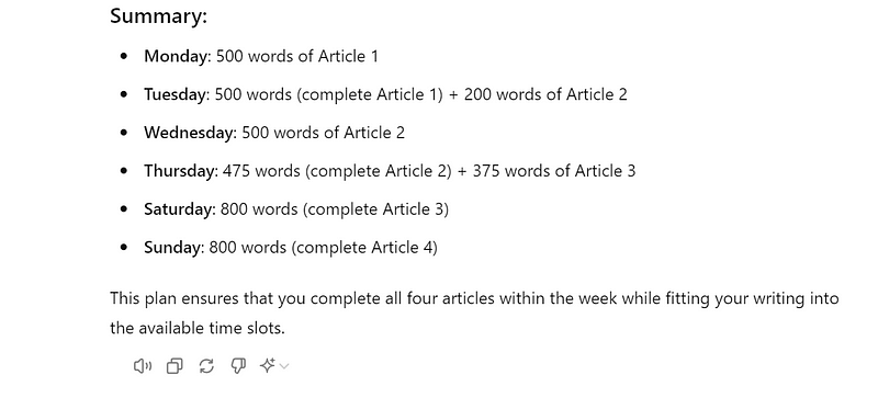 Weekly writing plan generated by AI